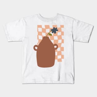 large terracotta vase with single blue flower on checkerboard background Kids T-Shirt